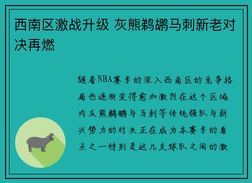 西南区激战升级 灰熊鹈鹕马刺新老对决再燃