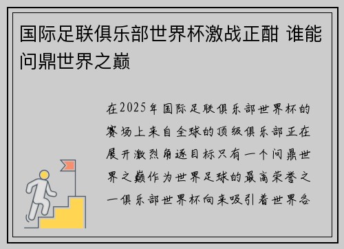 国际足联俱乐部世界杯激战正酣 谁能问鼎世界之巅