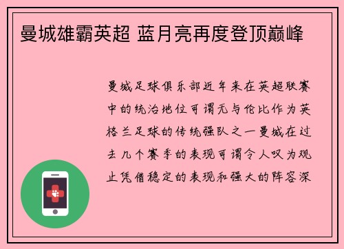 曼城雄霸英超 蓝月亮再度登顶巅峰